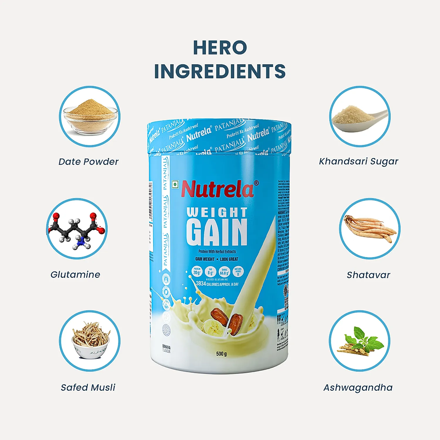 Nutrela Weight Gainer - 500g | Mass Gainer With 36 Essential Vitamins, Minerals And Herbs | 20g Protein, 66.8 Carbs & 3834gm Calories | Ideal For Athlete, Men, Women & Kids - Banana Flavour