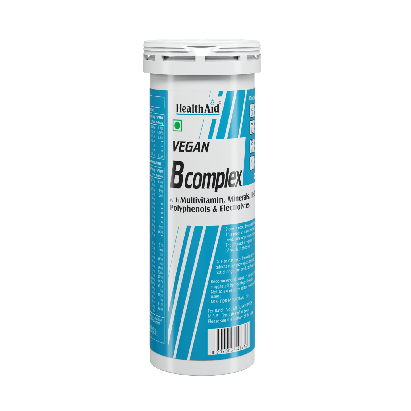 HealthAid I Vegan B Complex with Multivitamins I Minerals I Herbal Blend I Poluphenols I Electrolytes I Mango Flavour I 10 Effervescent Tablets