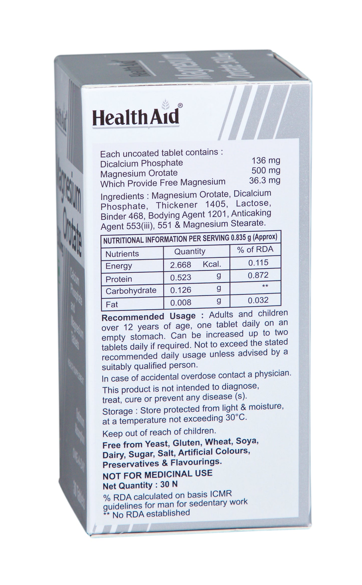 HealthAid I Magnesium I Orotate 500 mg I 30 Tablets