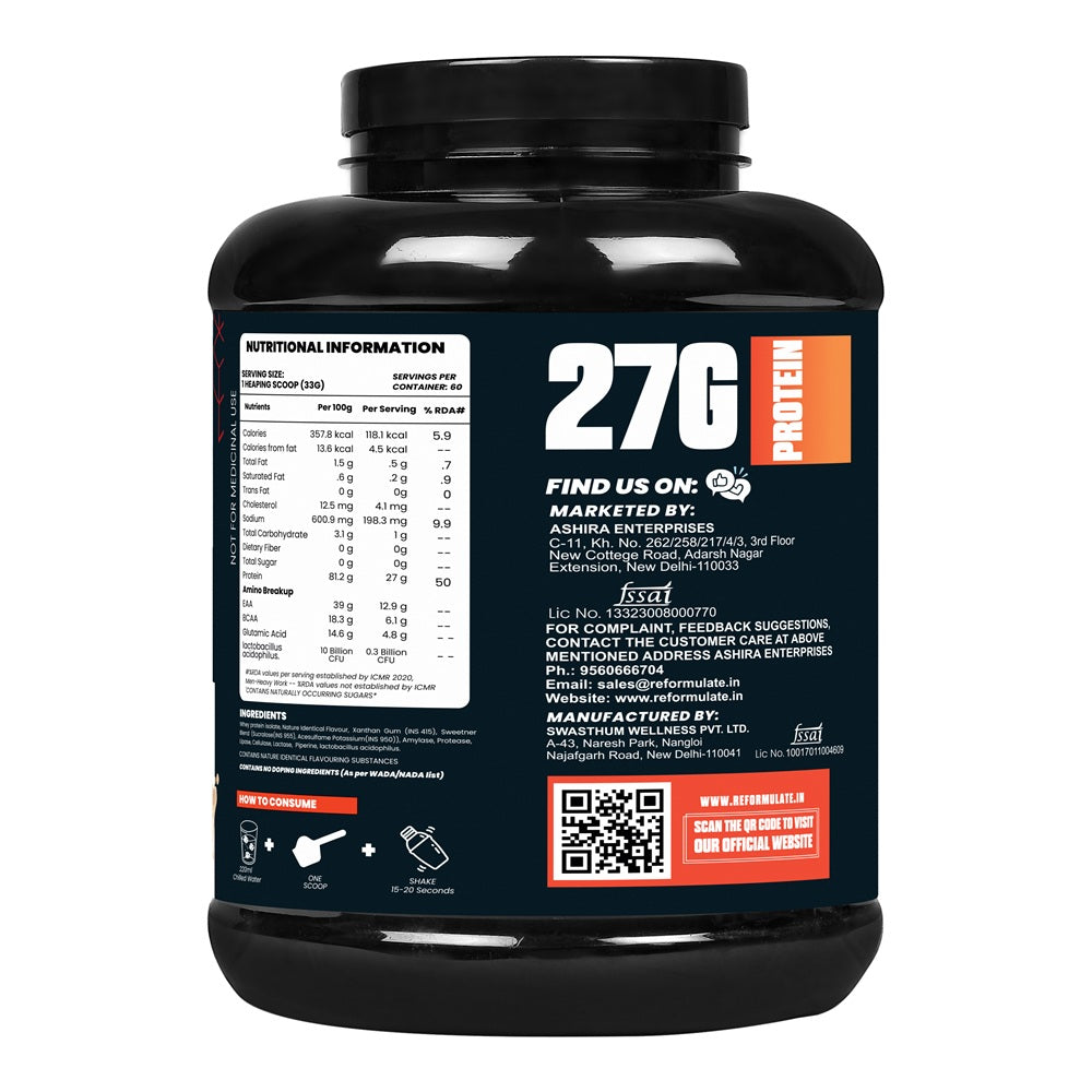 Reformulate I Isoform I Whey Isolate I Your Daily Meal Replacement Formula I 27G Protein | 6.1G BCAA | 12.9G EAA | O g Sugar I Enhance Recovery I 100% Authentic I Premium Ingredients I Nutraceutical I Serving 60 I Malai Kulfi I 2 KG