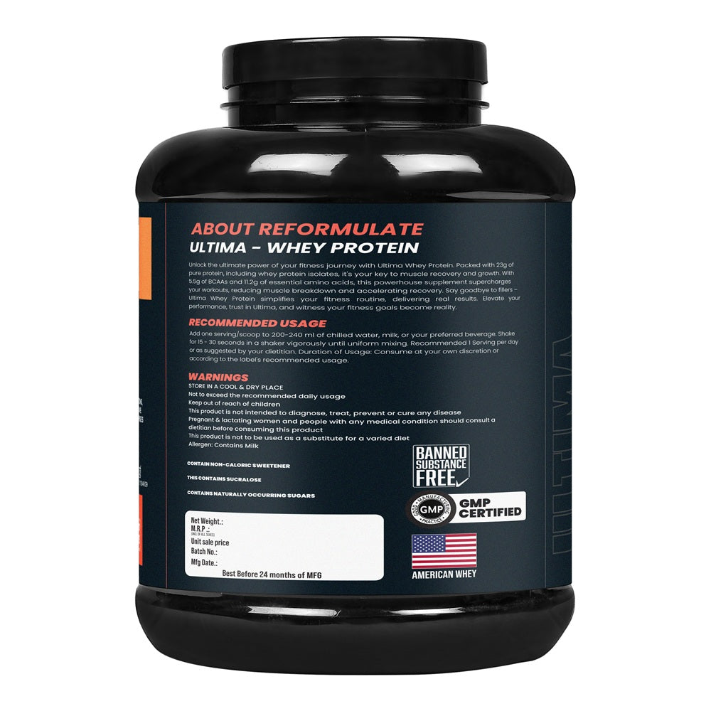 Reformulate I Ultima I Whey Protein with Isolate I 23 G Protein I 5.1G BCAA I 10.8 EAA I Pre & Probiotics I Enhances Recovery I Faster Absorption I Nutraceutical I Chocolate I Serving 60 I 2 KG