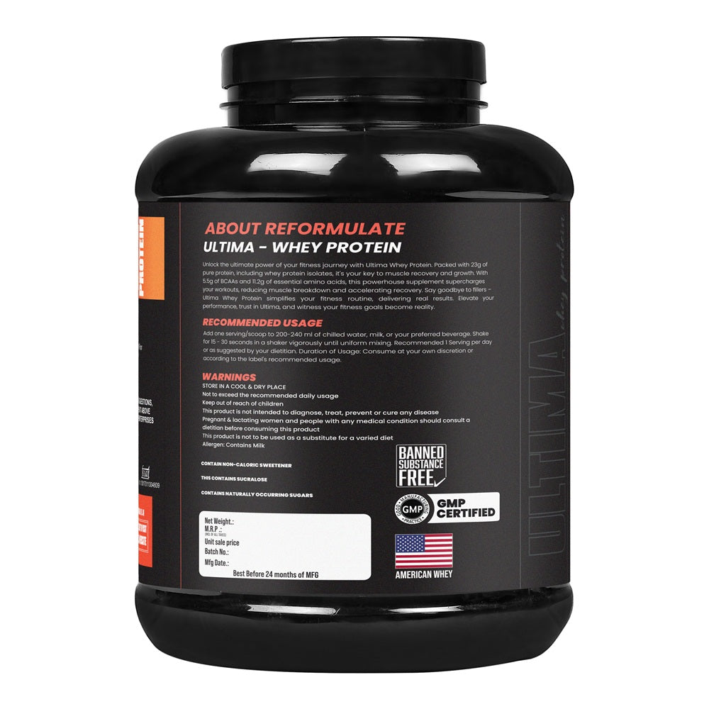 Reformulate I Ultima I Whey Protein with Isolate I 23 G Protein I 5.1G BCAA I 10.8 EAA I Pre & Probiotics I Enhances Recovery I Faster Absorption I Nutraceutical I Malai I Serving 60 I 2 KG