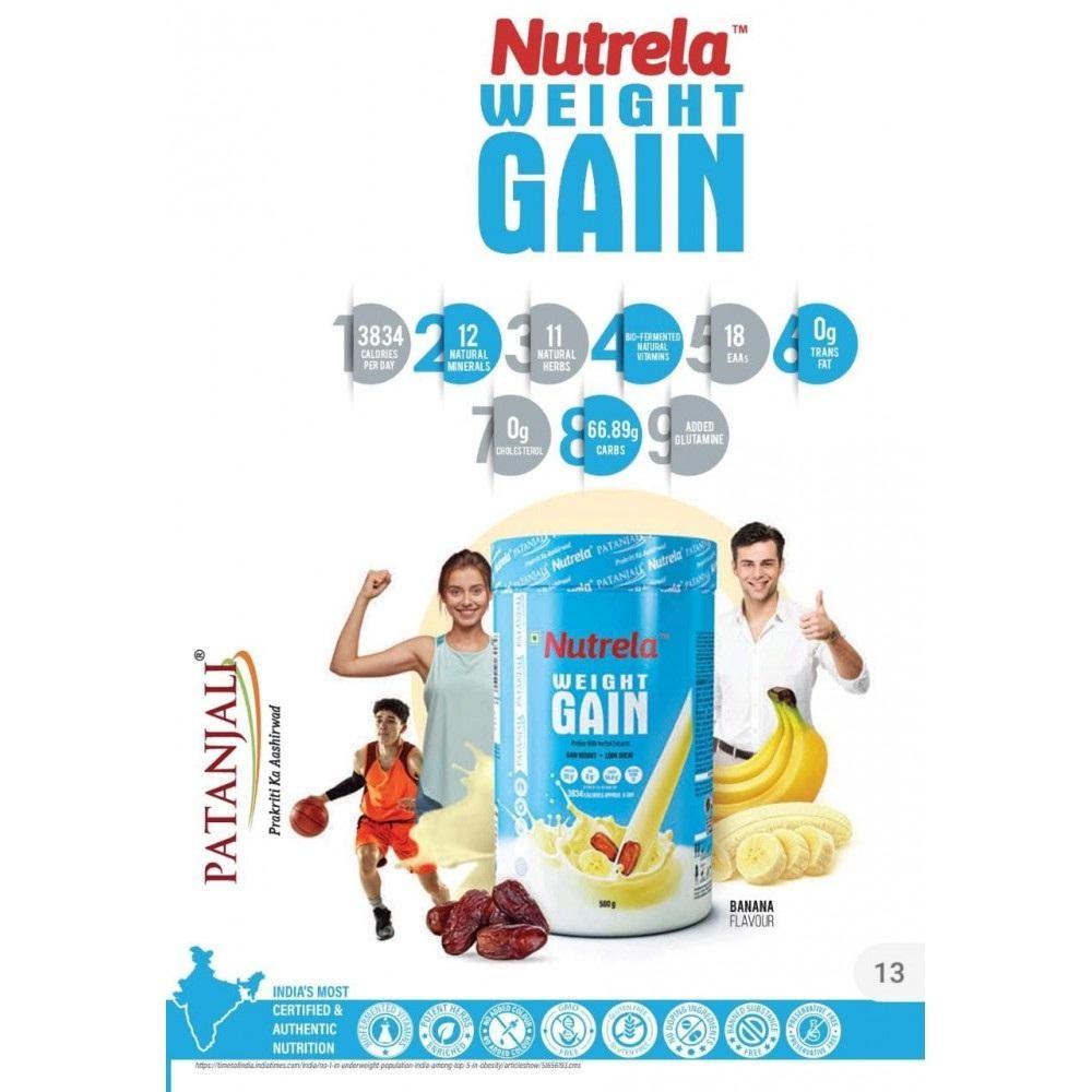Nutrela Weight Gainer - 500g | Mass Gainer With 36 Essential Vitamins, Minerals And Herbs | 20g Protein, 66.8 Carbs & 3834gm Calories | Ideal For Athlete, Men, Women & Kids - Banana Flavour